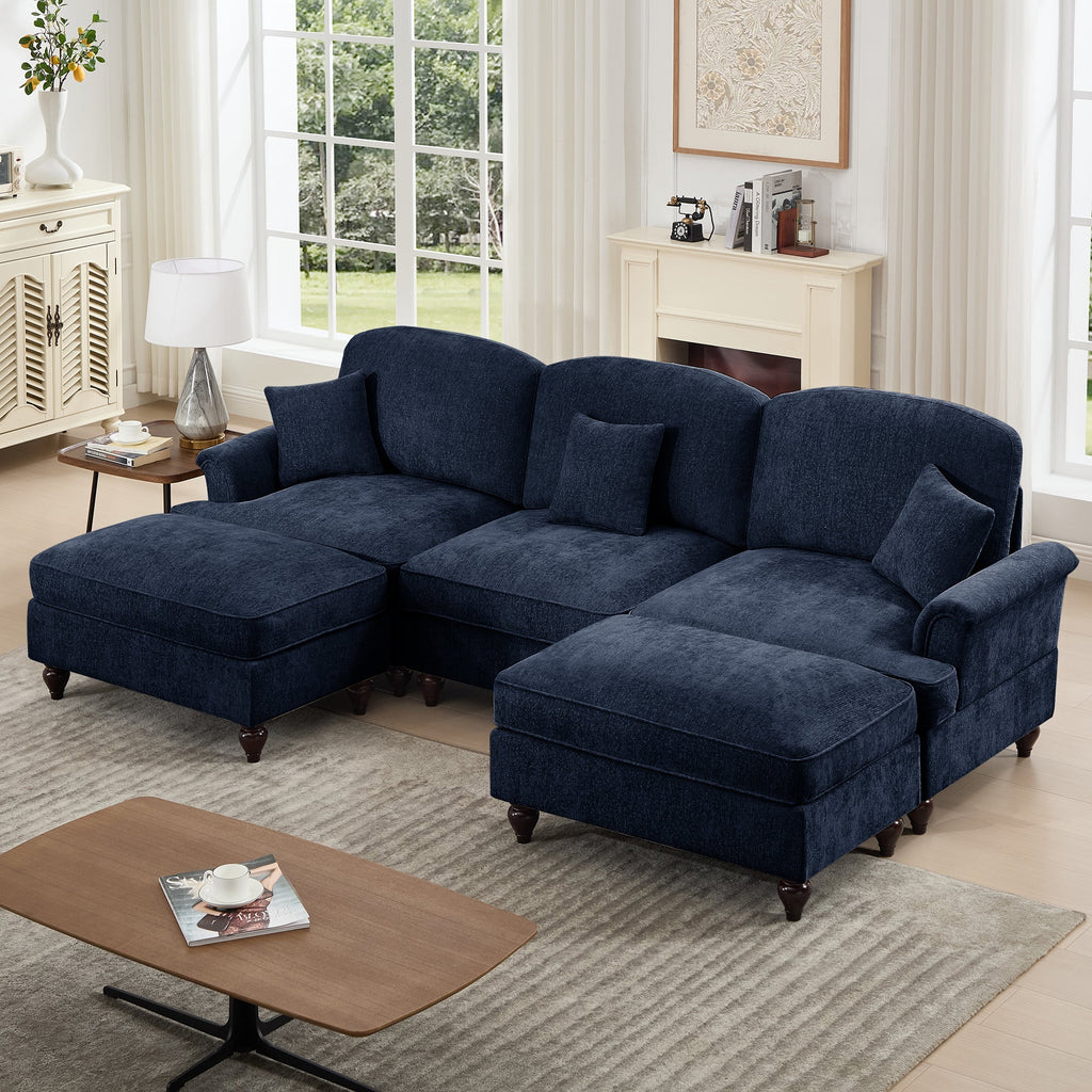 Classic Comfy Modular U Shape Sectional Sofa Couch with Flared Arms and Removable Ruffles Pleats Skirts and Spindle Legs, Upholstered Chenille Deep Seat Cloud Sofa with Movable Ottomans, Blue