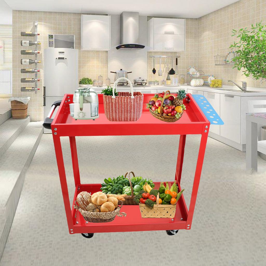 Tool Cart on Wheels,  Heavy Duty Steel Utility Cart w/Lockable Wheels, 400 LBS Capacity Industrial Service Cart for Garage, Warehouse, Workshop (Two-layer Bright Red)