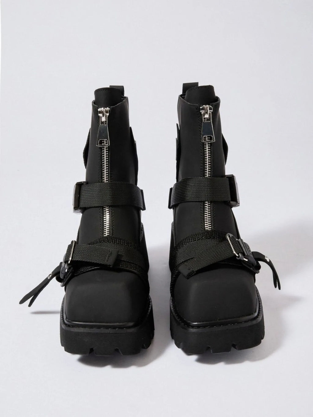 Chunky Platform Boots with Buckle Straps and Front Zip