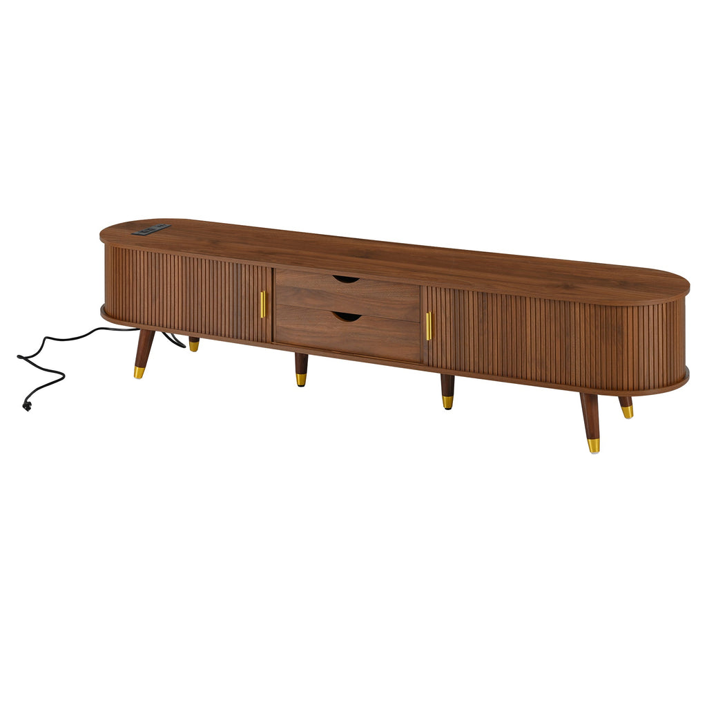Wooden Oval Fluted TV Stand with Charging Station for TV up to 80', Mid-Century Media Console with Sliding Tambour Door, Farmhouse TV Cabinet with Golden Handle for Living Room, Walnut