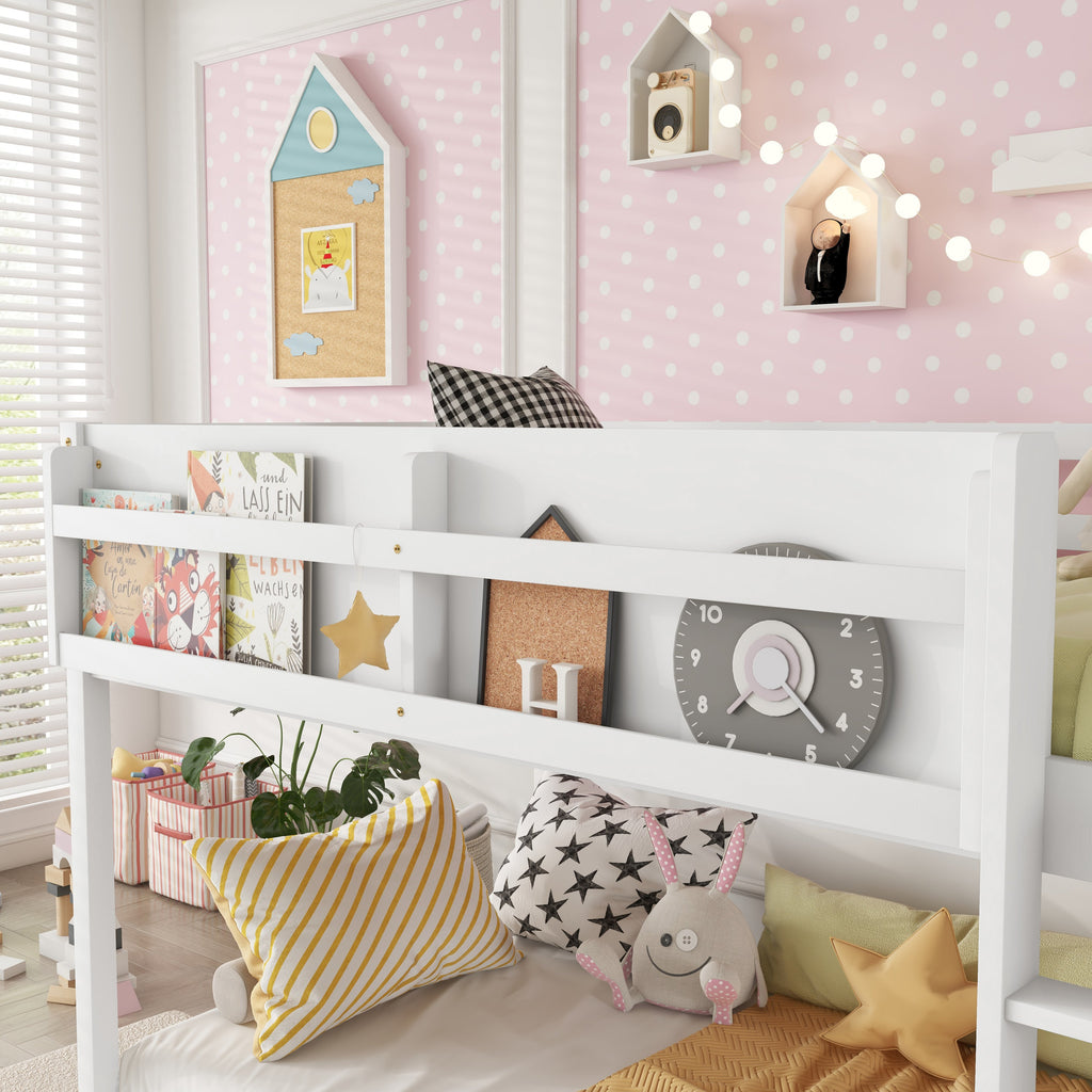 Low Twin Over Twin Bunk Bed, Floor Bunk Bed with Ladder, Solid Wood Twin Bunk Bed for Kids & Juniors, White(Expect Arrival Date 2025/11/25)