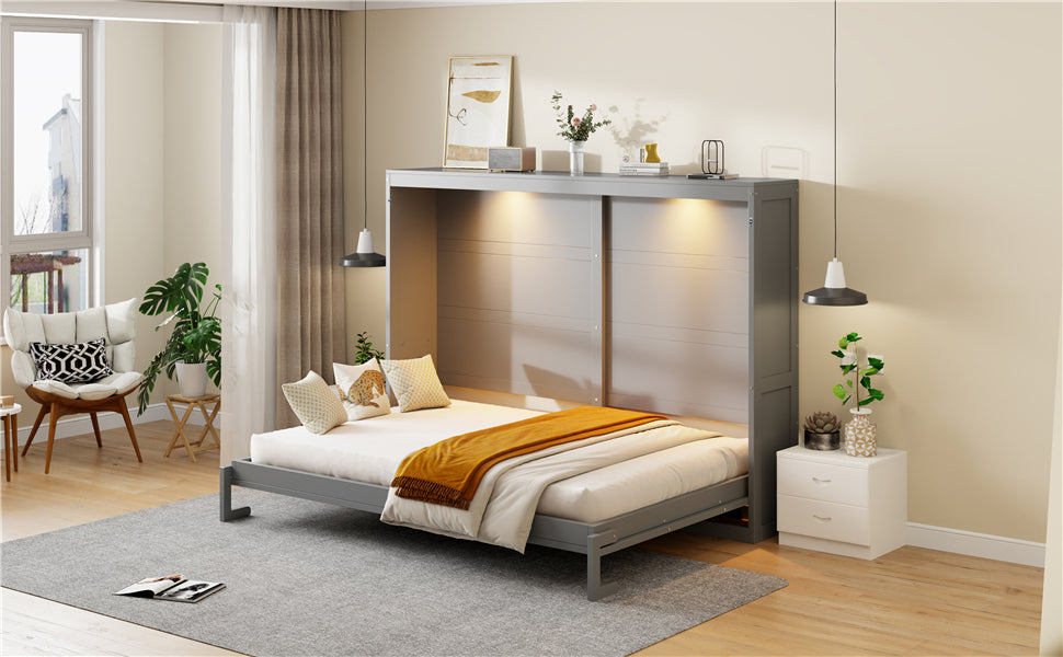 Queen Size Murphy Bed Wall Bed Modern design with LED Lights,Gray(OLD SKU:LP100973AAE)