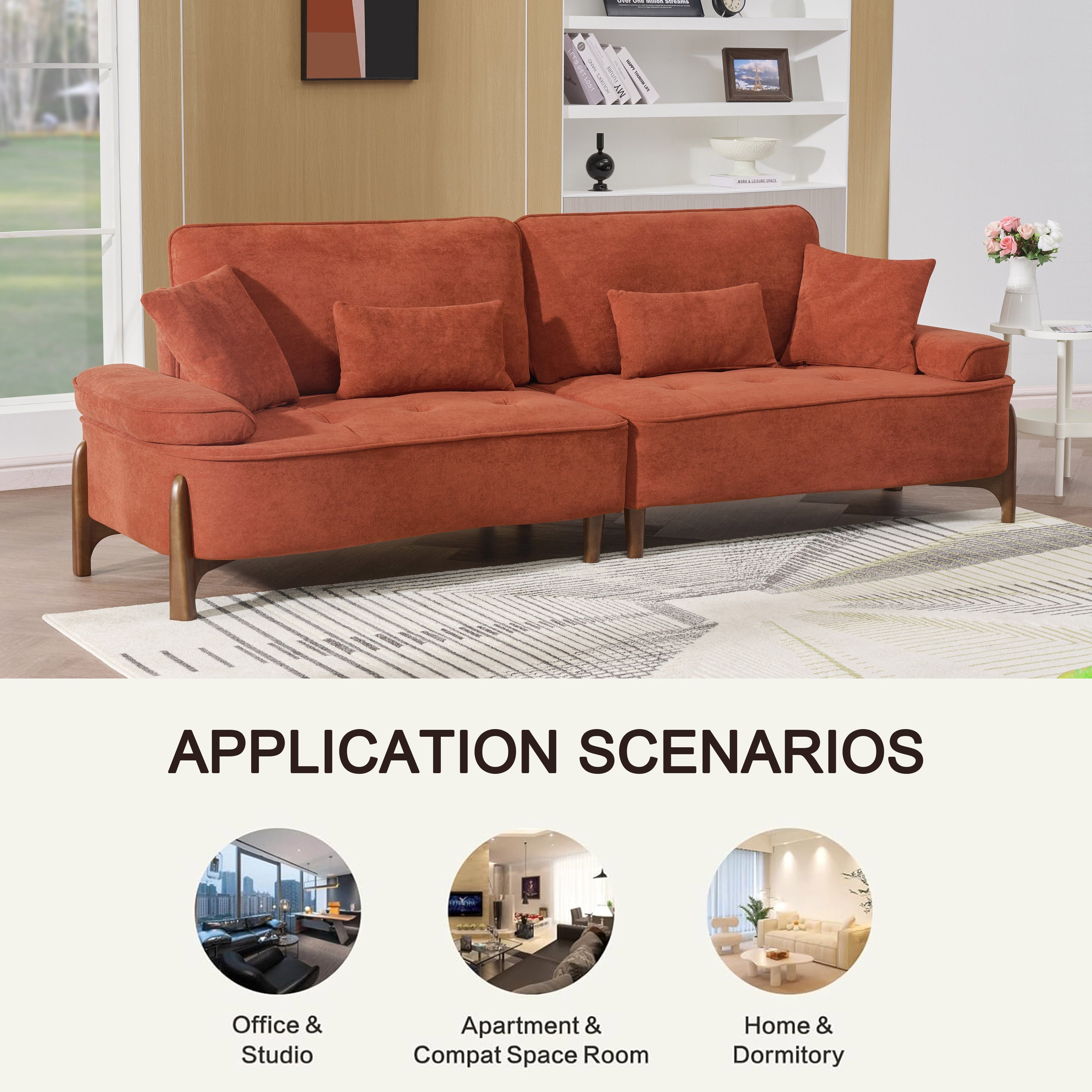 Comfortable Deep Seated Sofa with Pillows for Bedroom, Living Room, Office in Brick Red Velvet