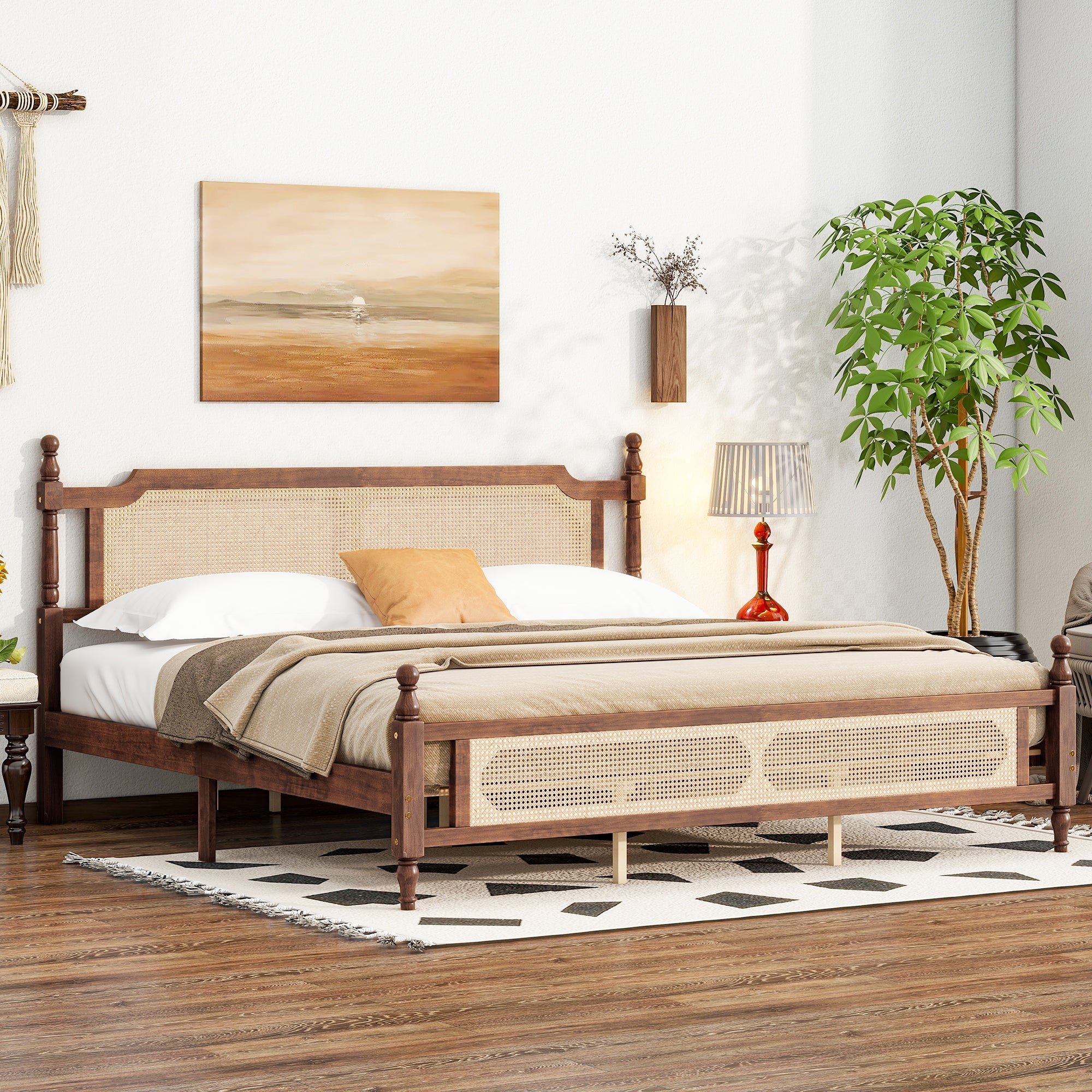 King Pine wooden Bed with Rattan Headboard  and Footboard, with  Central Enhanced Bed Platform,Walnut
