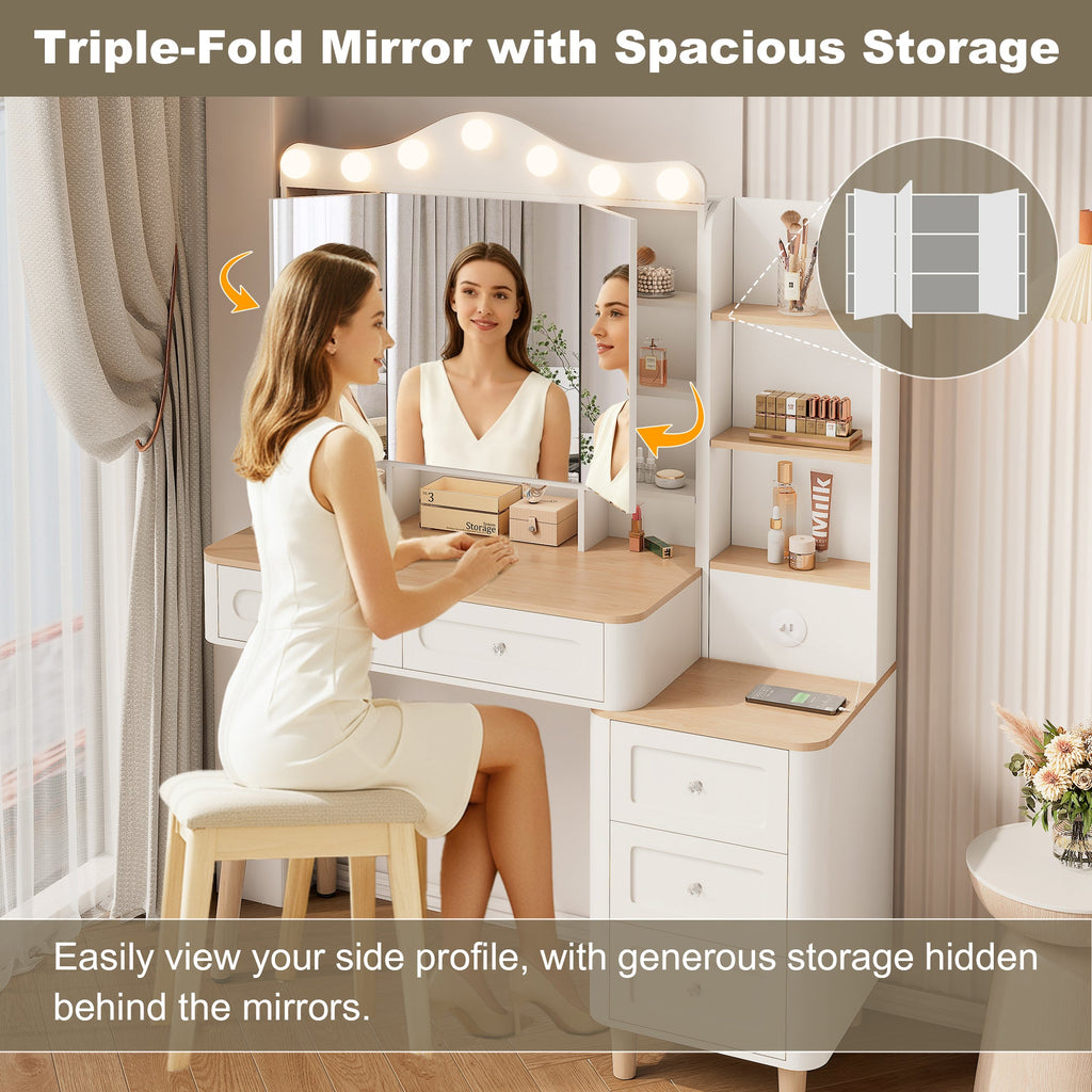 Vanity Desk with Mirror and Lights,Makeup Vanity with 2 USB Power Strip,Vanity Set with Two Drawers and Three-drawer Chest, 3 Lighting Modes Adjustable Brightness, Foldable Three-sided Mirror(White)