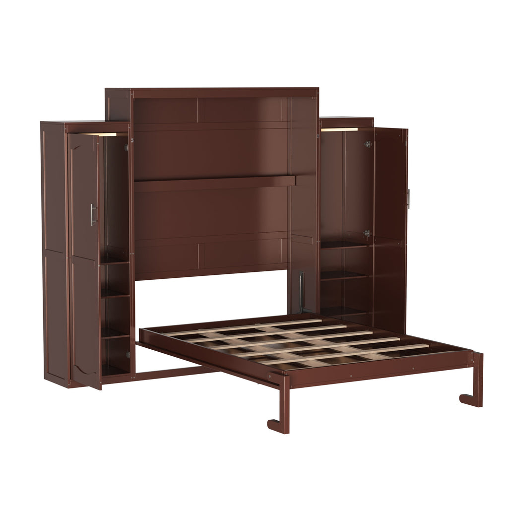 Queen Size Murphy Bed, Wooden Queen Wall Bed with 2 Wardrobe and Storage Shelf, Multifunctional Foldable Platform Bedframe for Guest-Room, Bedroom, Walnut