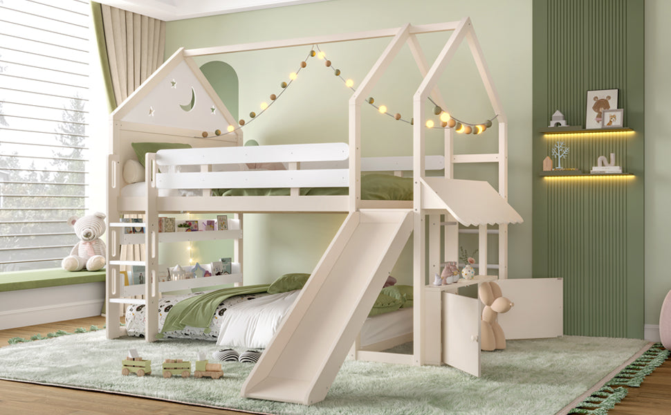 Full Size Loft Bed with Bookshelf Playful Design for Kids House-Shaped Structure with Slide High-Quality Safety Rails,Beige