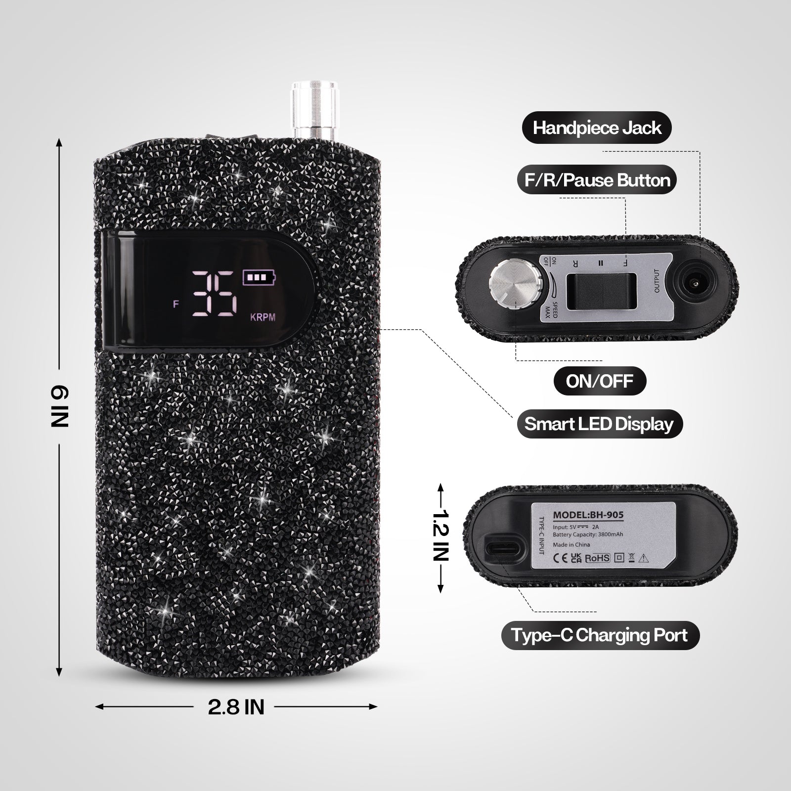 Wand™ Nail Drill - Black Diamond - 35,000 RPM Rechargeable