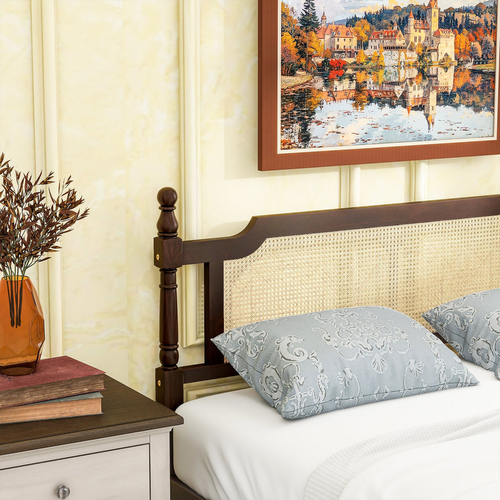 Queen Pine wooden Bed with Rattan Headboard  and Footboard, with  Central Enhanced Bed Platform ,Espresso