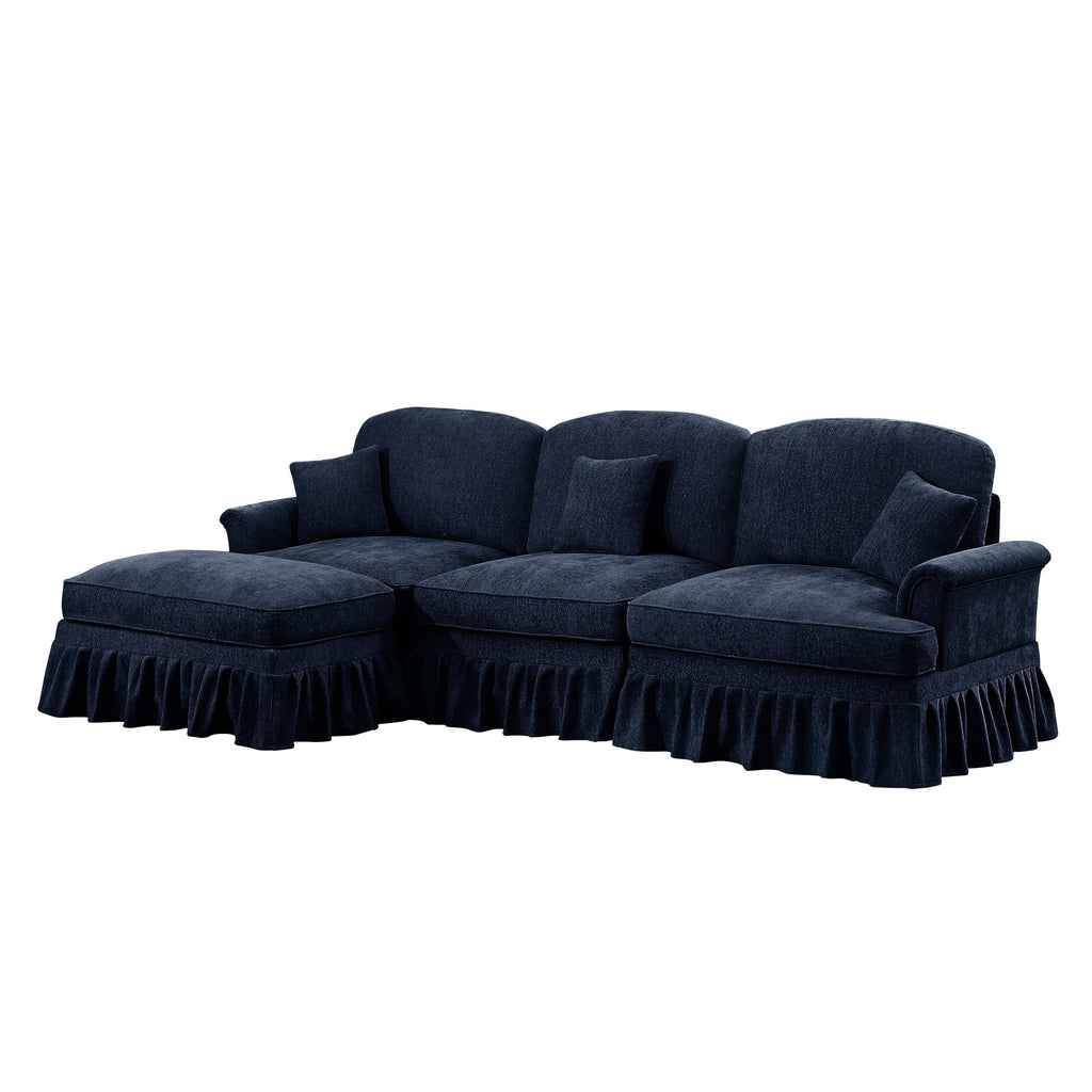 Mid Century Three Seater Modular L Shaped Sectional Couch with Flared Arms and Removable Ruffles Pleats Skirts and Spindle Legs, Comfy Chenille 3-Seat Deep Seat Sofa with Movable Ottoman,Blue
