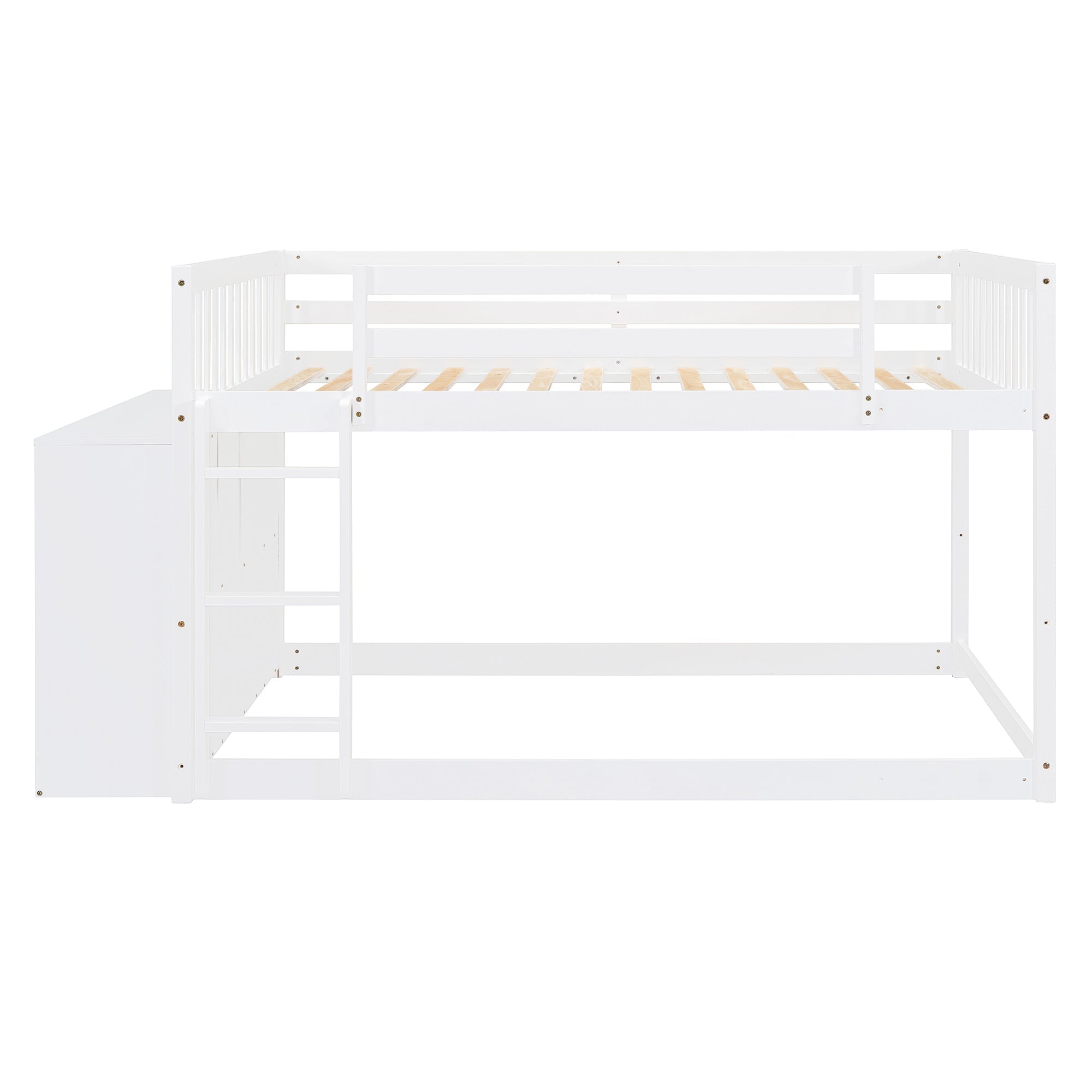 Elegant White Full Over Full Bunk Bed with Storage and Shelves - Solid Wood and Durable Design