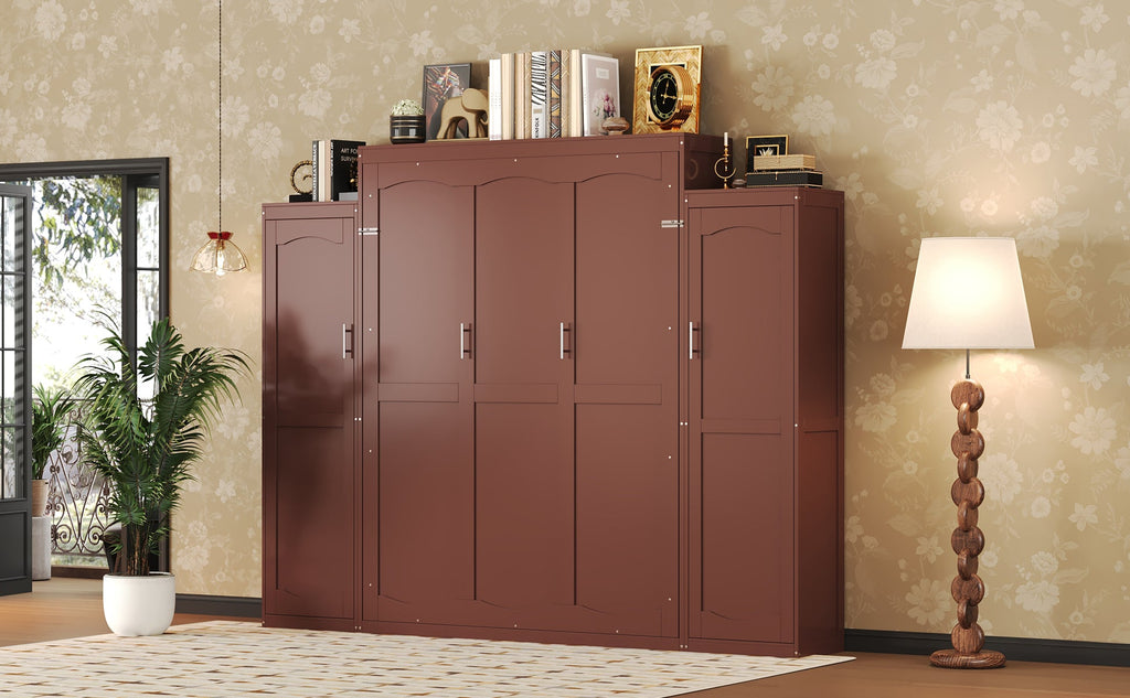 Queen Size Murphy Bed, Wooden Queen Wall Bed with 2 Wardrobe and Storage Shelf, Multifunctional Foldable Platform Bedframe for Guest-Room, Bedroom, Walnut