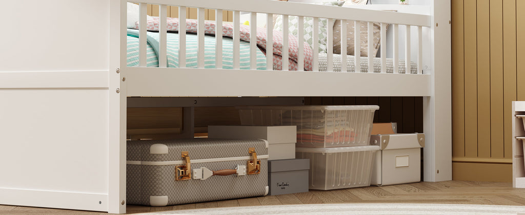 Twin Bed Frame with Storage 4 Drawers,Wooden Bed Frame for Kids,Platform Twin Size Bed with Guardrail Headboard and Ladder, No Box Spring Needed, Easy Assembly, White