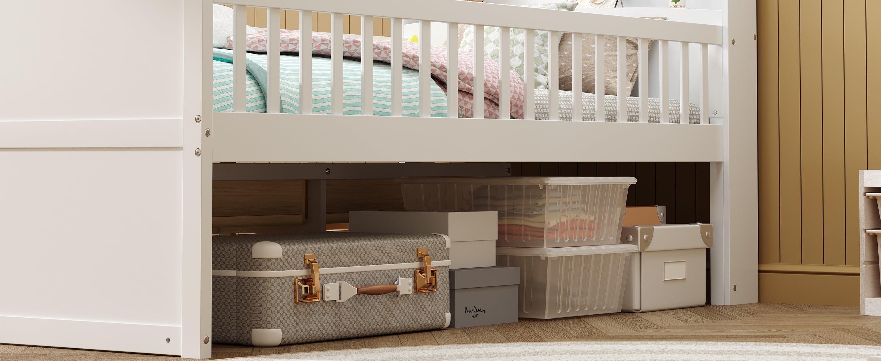 Twin Bed Frame with Storage 4 Drawers,Wooden Bed Frame for Kids,Platform Twin Size Bed with Guardrail Headboard and Ladder, No Box Spring Needed, Easy Assembly, White