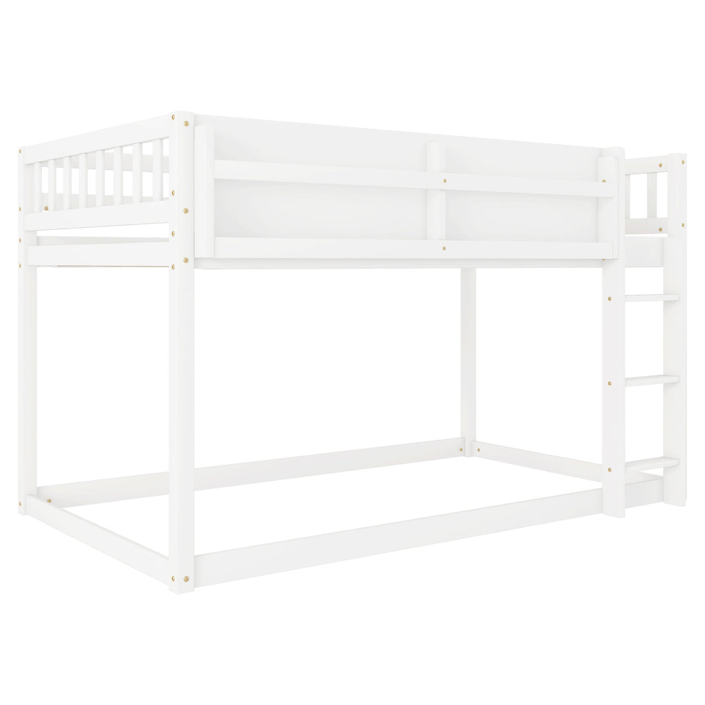 Low Twin Over Twin Bunk Bed, Floor Bunk Bed with Ladder, Solid Wood Twin Bunk Bed for Kids & Juniors, White(Expect Arrival Date 2025/11/25)