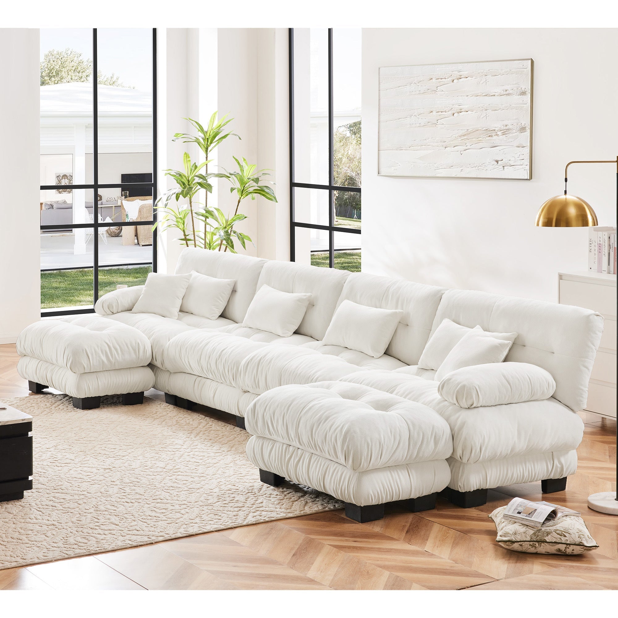 Free Combination Modular Sectional Sofa,U Shaped Couch for Living Room, 4-Seater Comfy Cloud Couch with 2 Ottomans, Chenille White