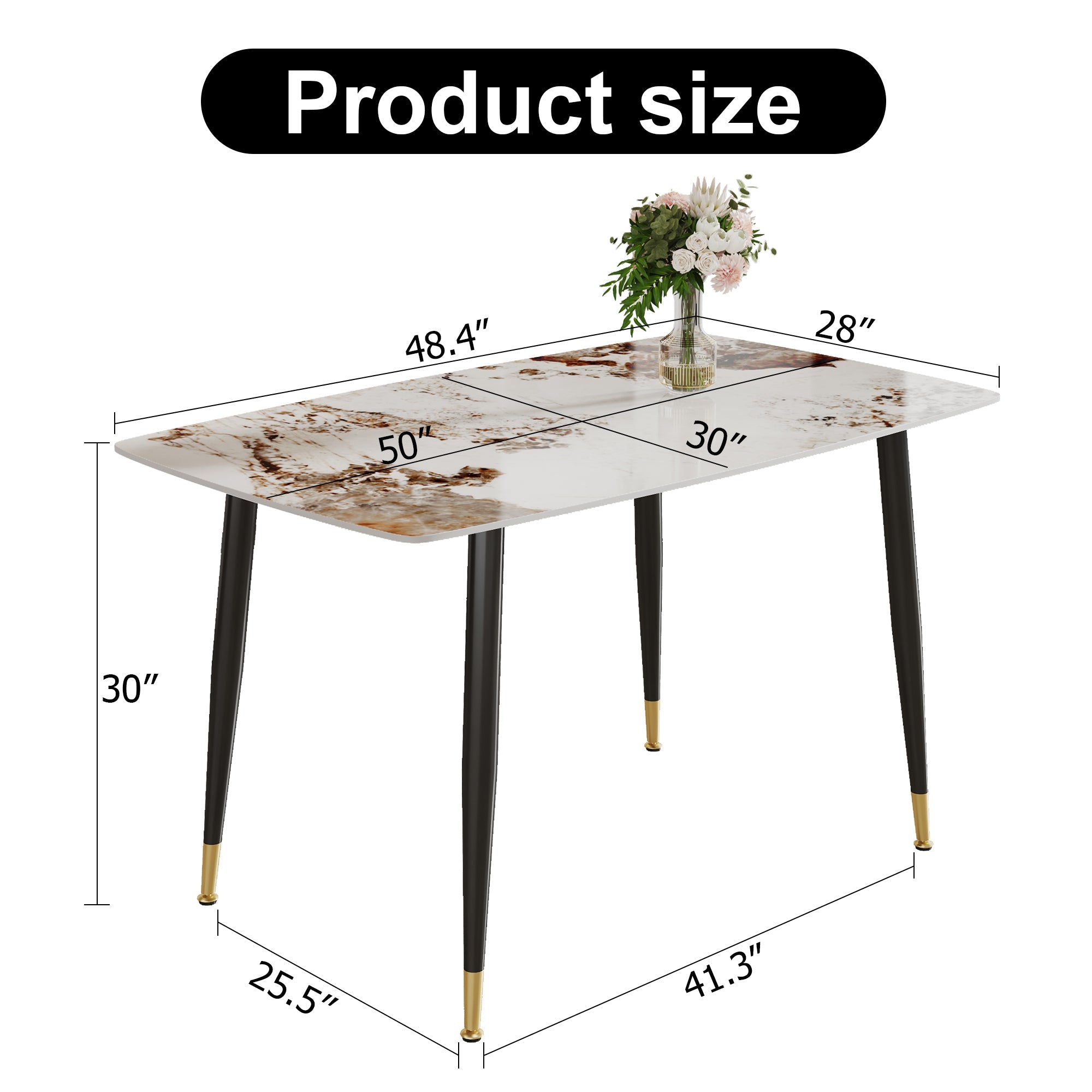 Modern minimalist dining table. A patterned SINTERED STONE tabletop with black metal legs. Suitable for kitchen and living room 50'*30'*30' F-001.W1151S00398