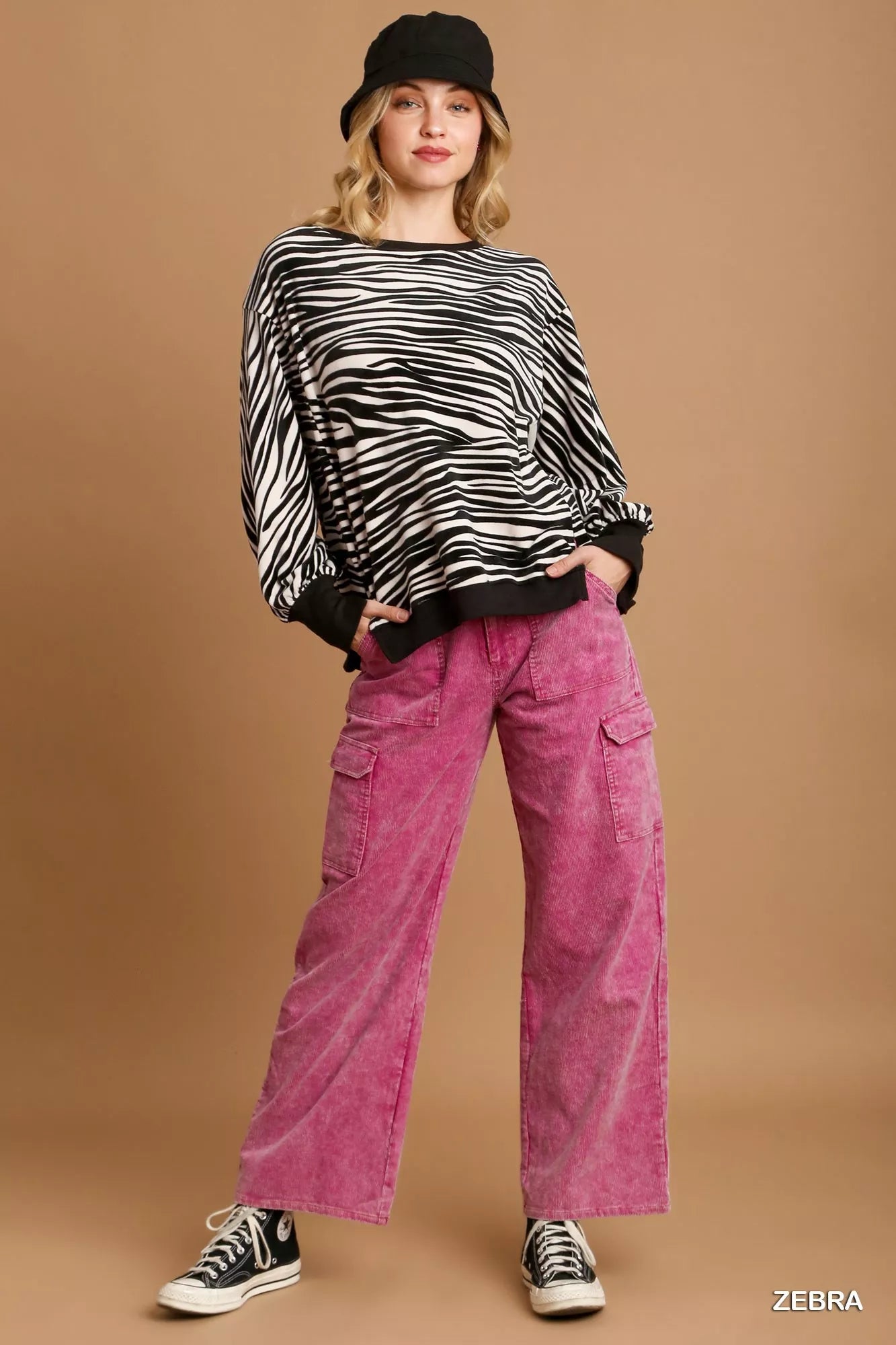 Umgee Zebra Striped Fleece Pullover Sweater Shirt