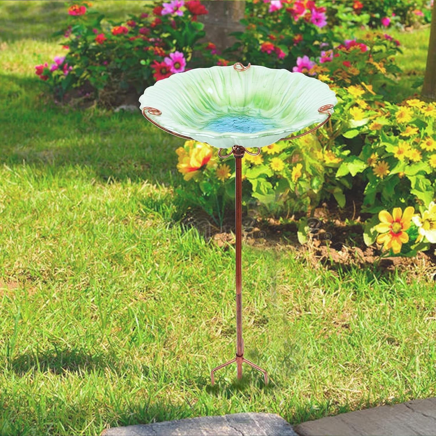26 Inch Height Glass Birdbath Birdfeeder with Metal Stake Garden Outdoor Green
