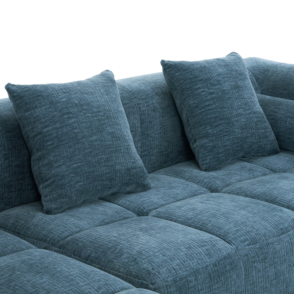 Modern Modular Sofa with Deep Seating, Two Side Pockets, and Plush Pillows in Blue Chenille Fabric, 101.2'