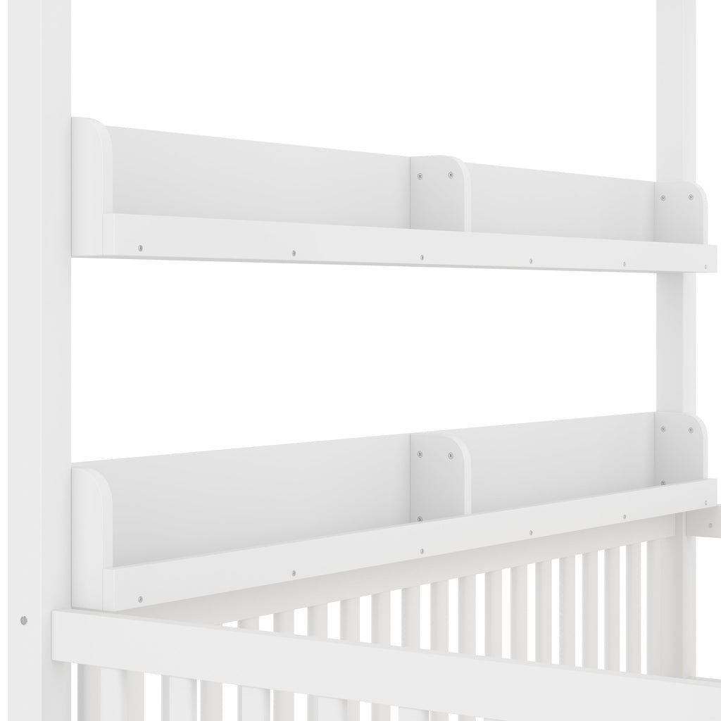 Twin Size Canopy Bed with Guardrails, Solid Wood Floor Bed with Shelves, Montessori Floor Bed Frame for Kids, Boys, Girls, No Spring Box Needed, White