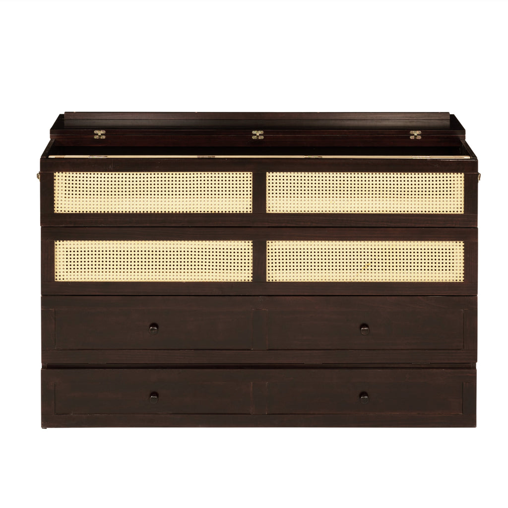 Queen Size Murphy Bed, Pine Wood Cabinet Bed with Rattan Decoration and Storage Drawer,Espresso