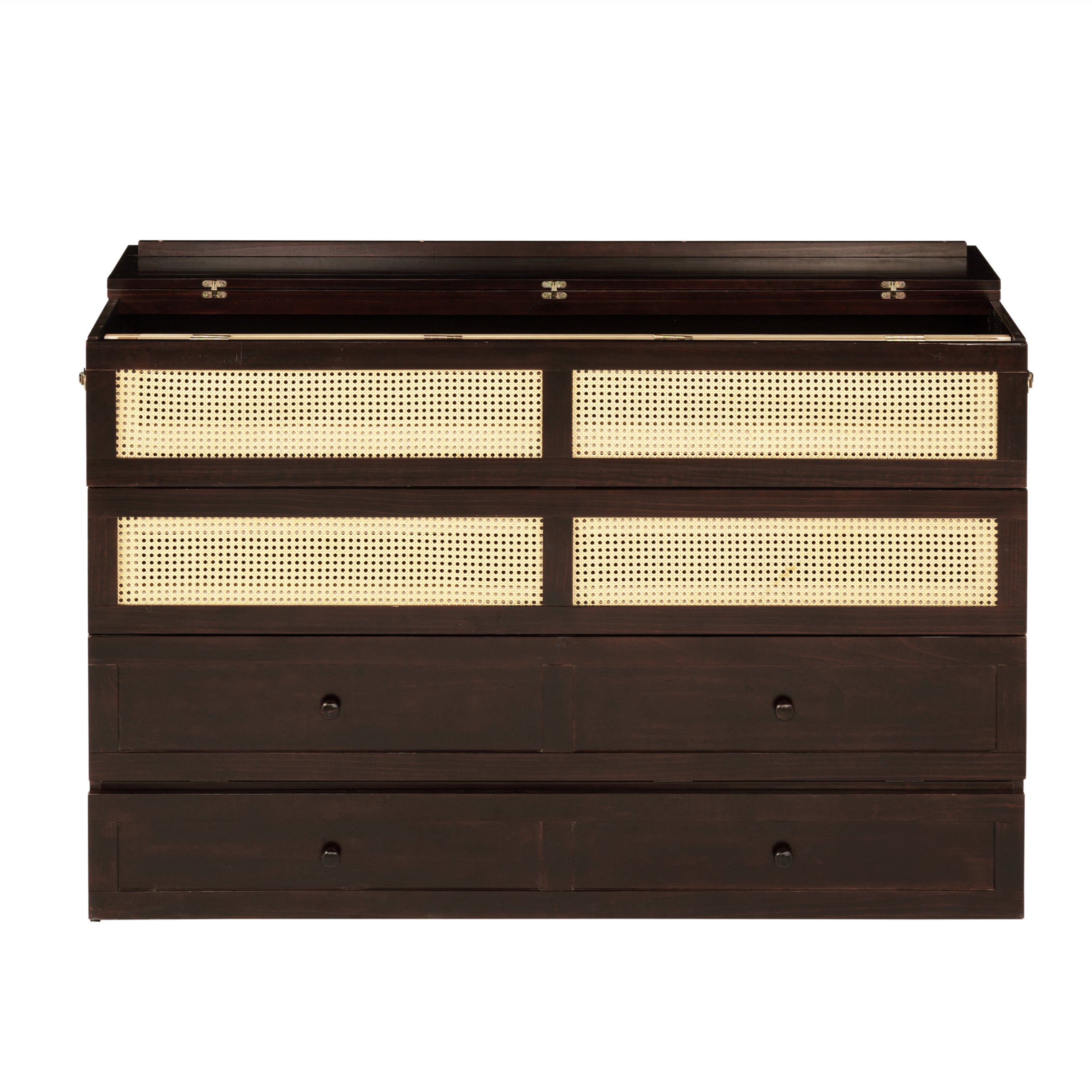 Queen Size Murphy Bed, Pine Wood Cabinet Bed with Rattan Decoration and Storage Drawer,Espresso