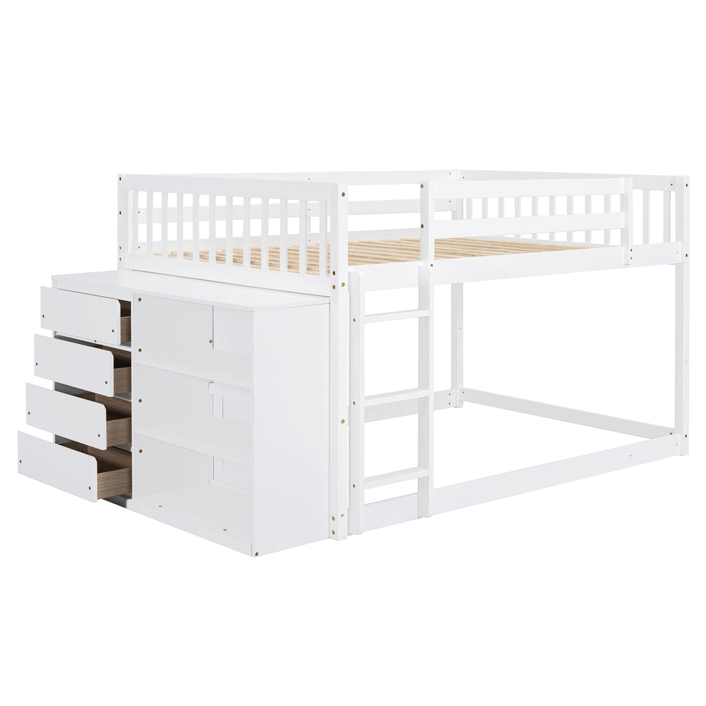 Elegant White Full Over Full Bunk Bed with Storage and Shelves - Solid Wood and Durable Design