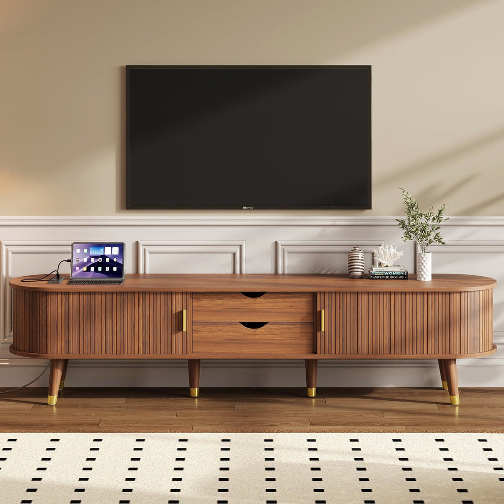 Wooden Oval Fluted TV Stand with Charging Station for TV up to 80', Mid-Century Media Console with Sliding Tambour Door, Farmhouse TV Cabinet with Golden Handle for Living Room, Walnut