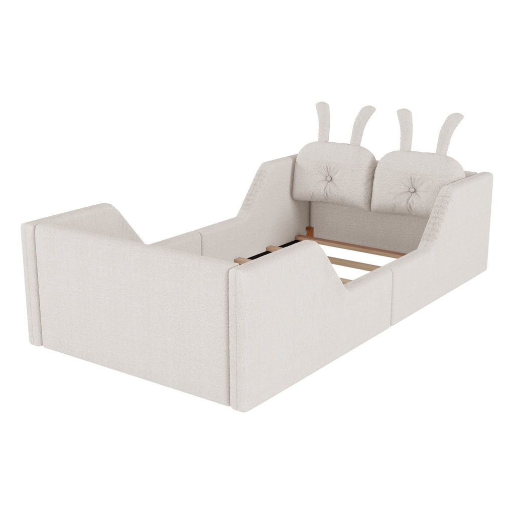 Twin Size Upholstered Platform Bed with Rabbit Cushion, Kids Floor Upholstered Bed with Removable Side Rails, White(Expect Arrival Date 2025/1/15)