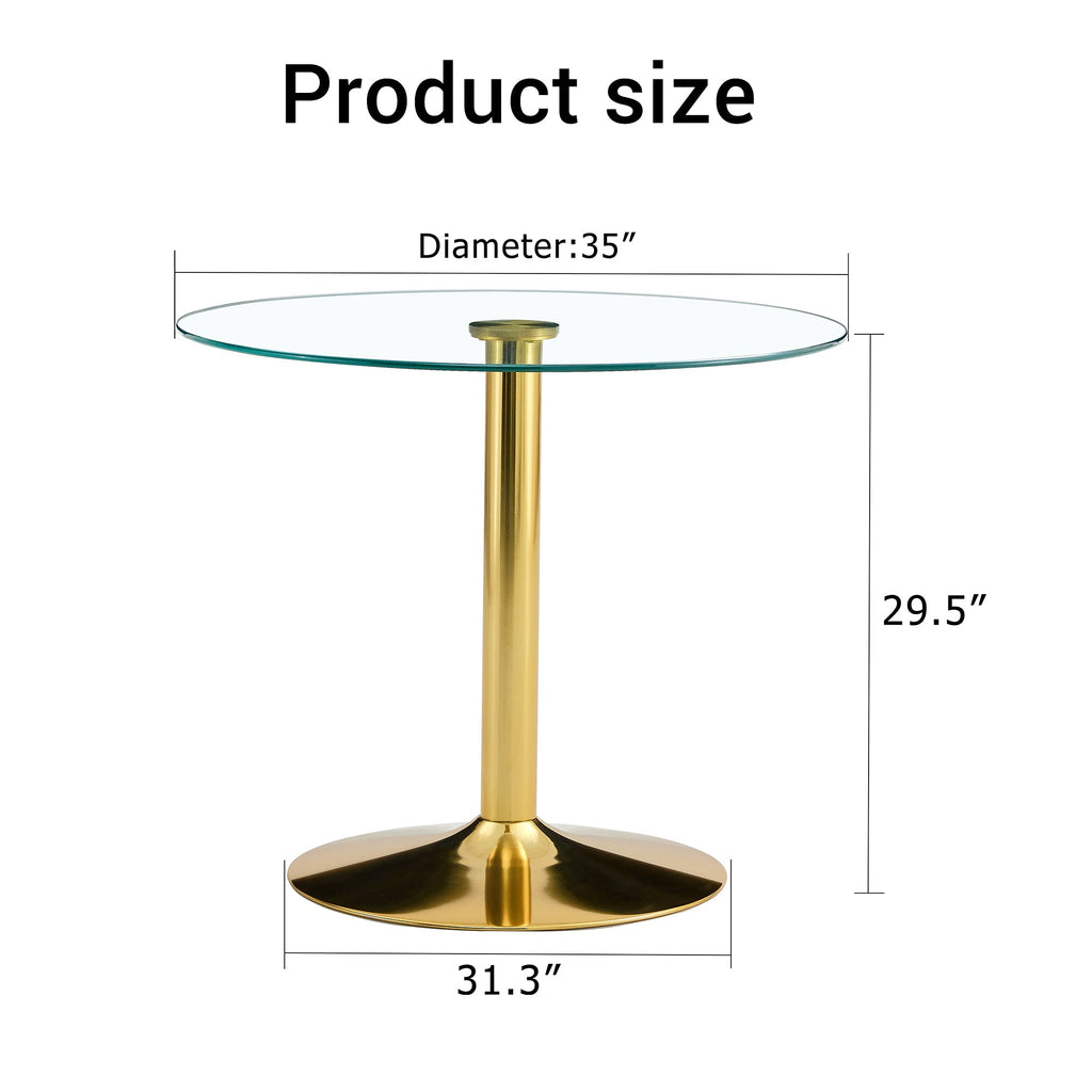Modern Minimalist Round Dining Table with Glass Top and Gold Metal Legs, 35-Inch Diameter