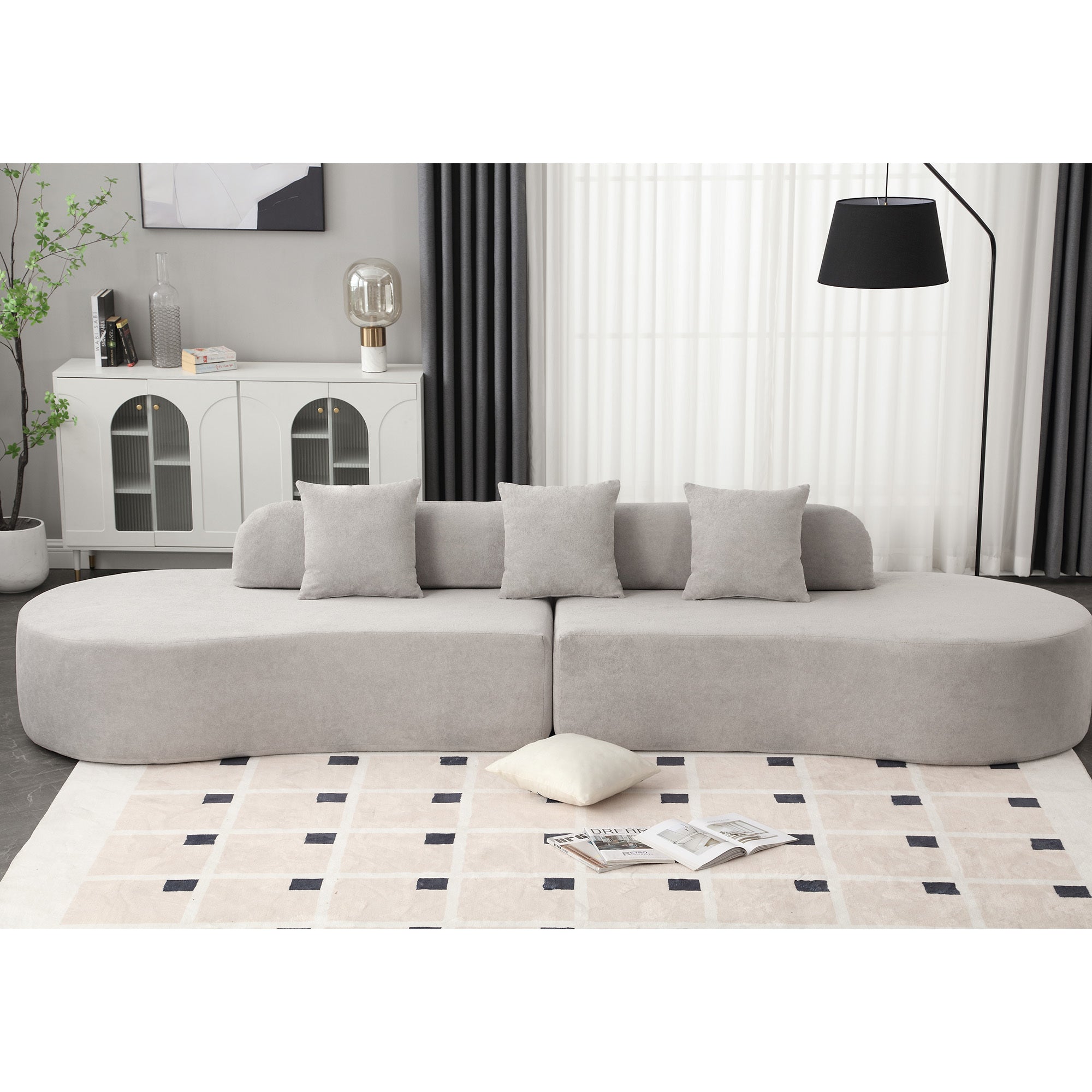 Modern curved combination sofa, terrycloth fabric sofa, minimalist sofa in living room, apartment, no assembly required, three  pillows,Gray