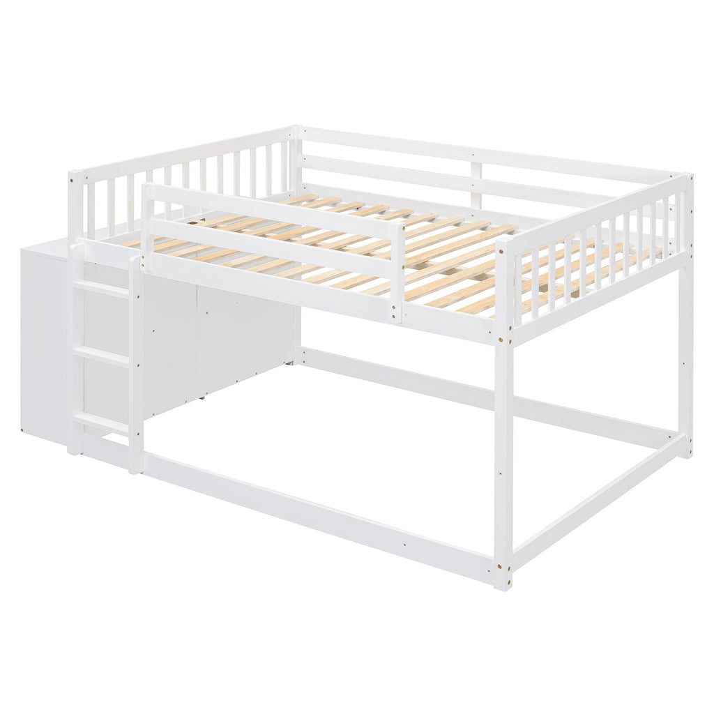 Elegant White Full Over Full Bunk Bed with Storage and Shelves - Solid Wood and Durable Design