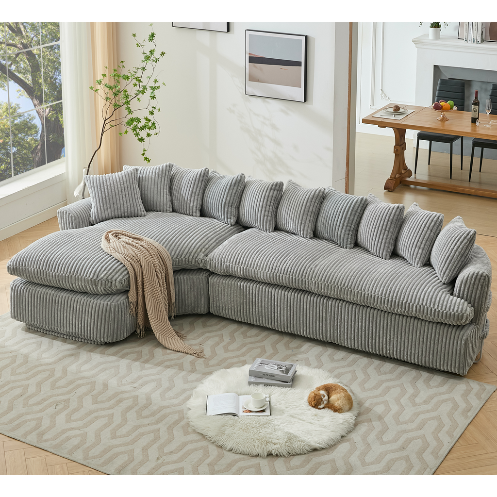 127''  Large Sectional Sofa ,Elegant Curved Design ,High-Resilience Foam ,Ten Back Cushions,L-Shape Left Sofa,No Assembly  Required , (Gray-Soft Corduroy Fabric)