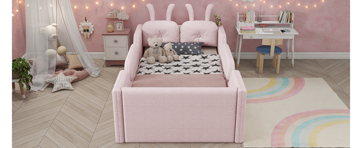 Twin Size Upholstered Platform Bed with Rabbit Cushion, Kids Floor Upholstered Bed with Removable Side Rails, Pink(Expect Arrival Date 2025/1/15)