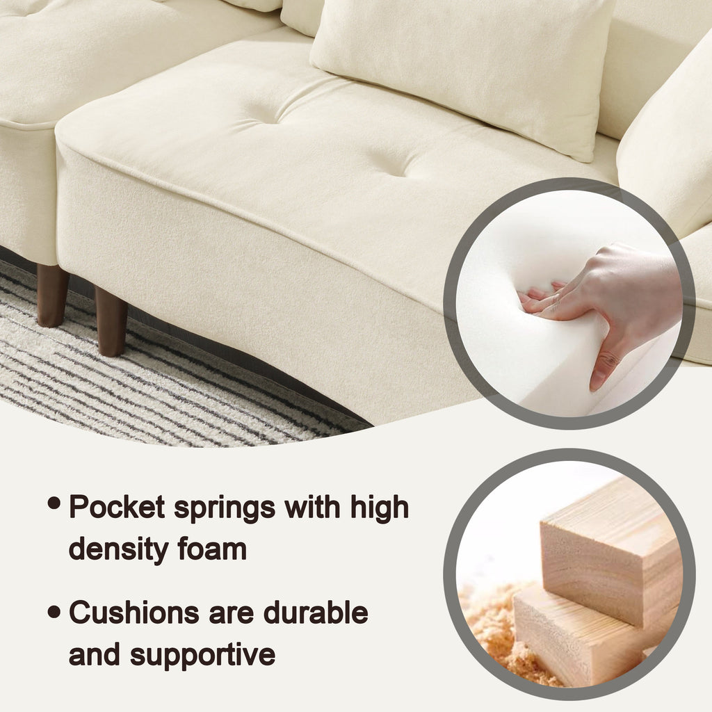 103 Inch Comfortable Deep Seated Sofa with Pillows in Beige Cloud Velvet Polyester for Bedroom, Living Room, Office