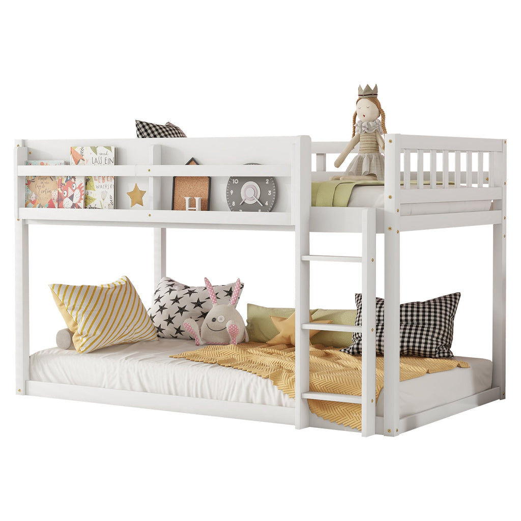 Low Twin Over Twin Bunk Bed, Floor Bunk Bed with Ladder, Solid Wood Twin Bunk Bed for Kids & Juniors, White(Expect Arrival Date 2025/11/25)