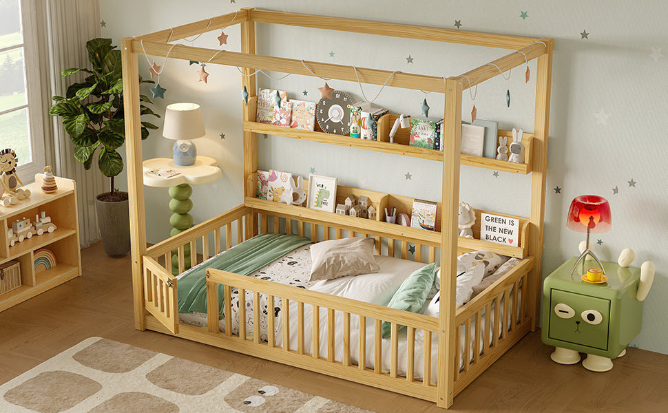 Twin Size Canopy Bed with Guardrails, Solid Wood Floor Bed with Shelves, Montessori Floor Bed Frame for Kids, Boys, Girls, No Spring Box Needed, Natural