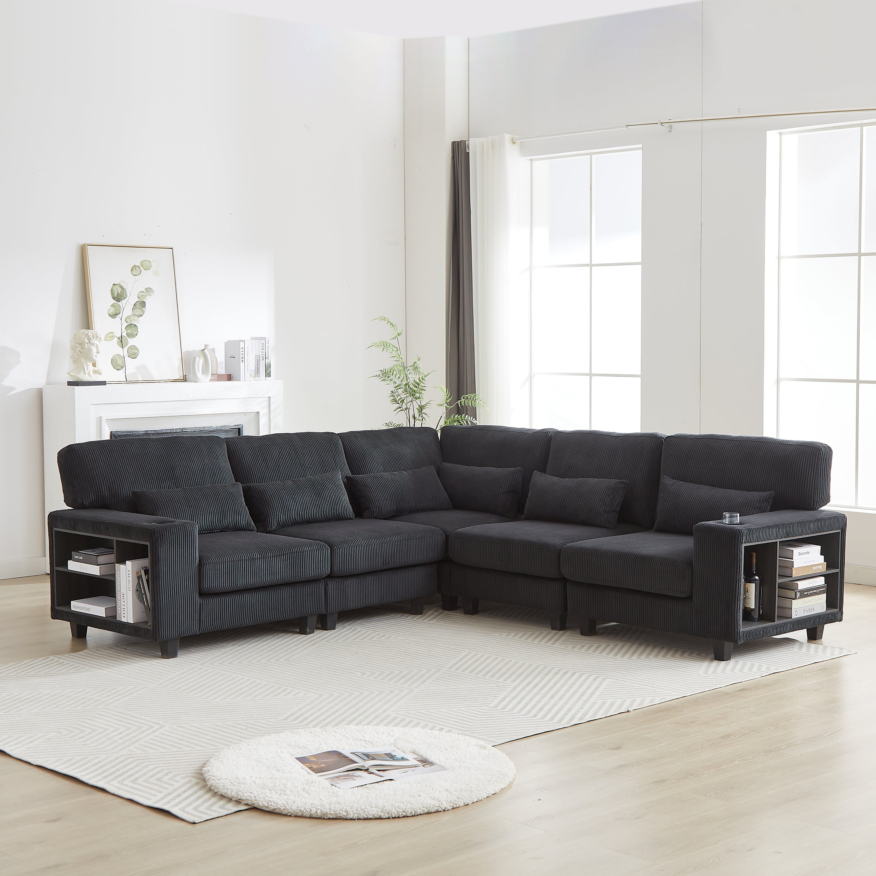 102.75*102.75' L-Shaped Modular Sectional Sofa, Modern Corduroy Sectional Sofa, Arm with Storage With Cup Holder 5-Seat Convertible Sectional Sofa for Living Room, Bedroom, Lounge and Projection Room