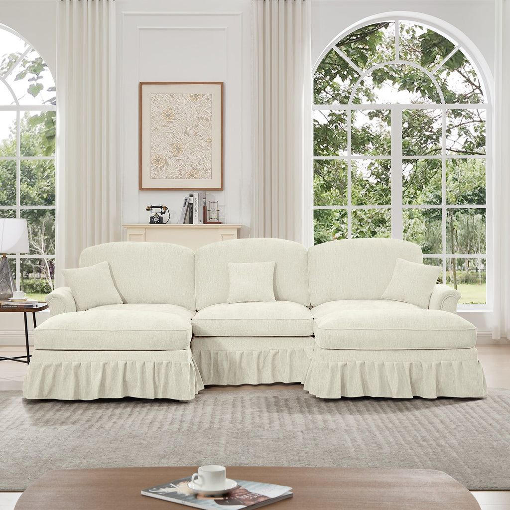 Classic Comfy Modular U Shape Sectional Sofa Couch with Flared Arms and Removable Ruffles Pleats Skirts and Spindle Legs, Upholstered Chenille Deep Seat Cloud Sofa with Movable Ottomans, Beige White