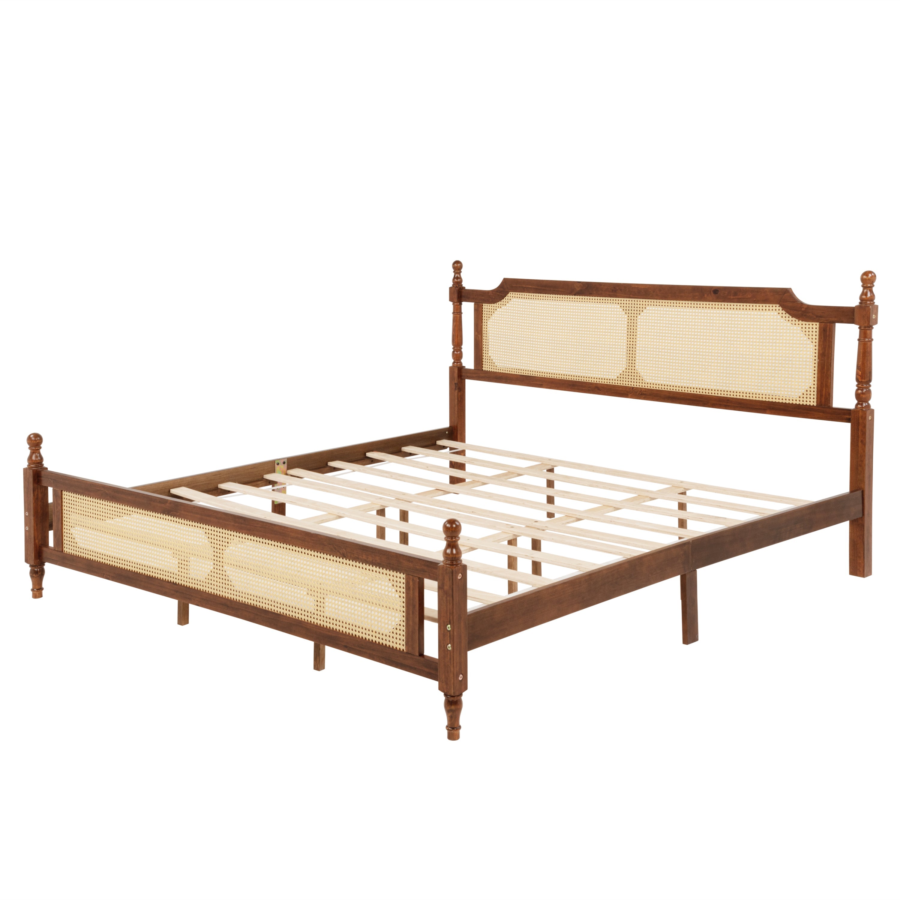 King Pine wooden Bed with Rattan Headboard  and Footboard, with  Central Enhanced Bed Platform,Walnut