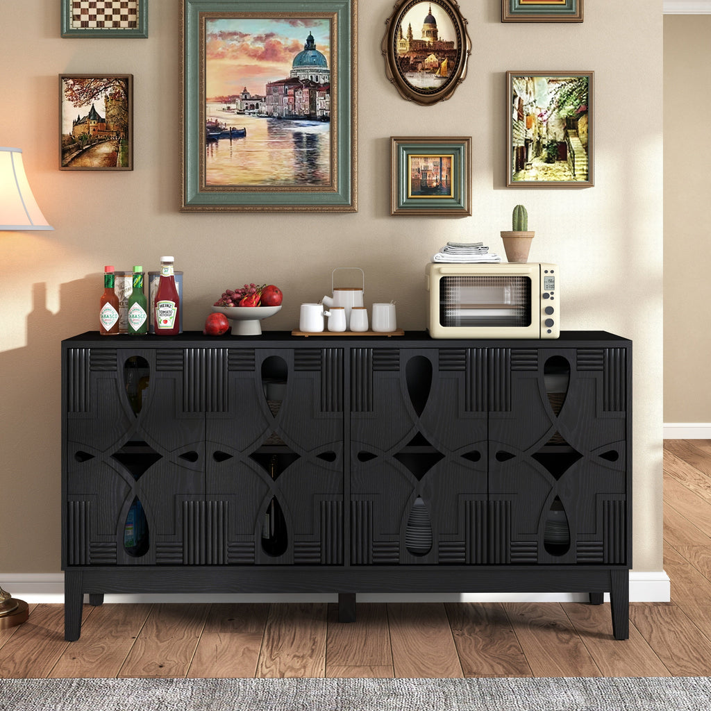60.5' Mid Century Modern Sideboard Buffet Cabinet with Storage, TV Media Console Table, Storage Cabinet with 4 Doors & Adjustable Shelves for Kitchen Dining Living Room Entryway, Black