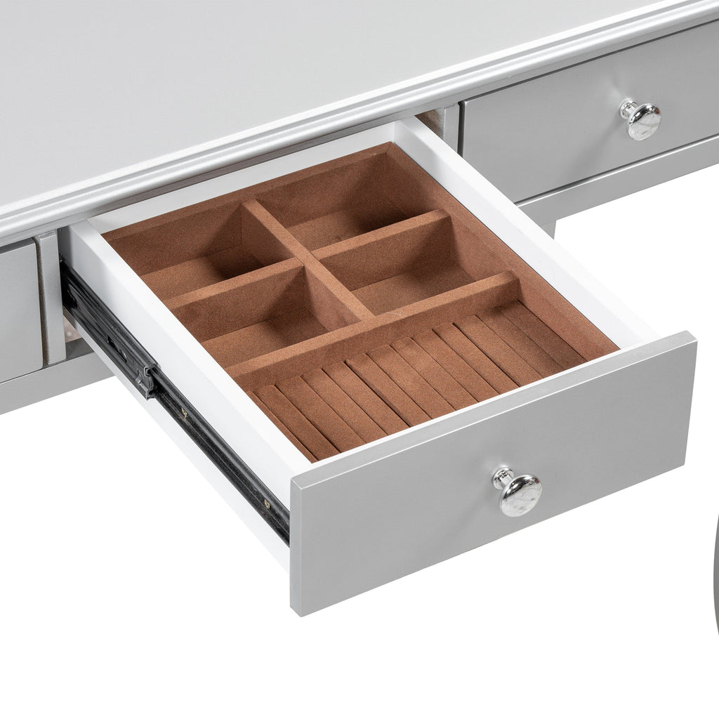 Luxury Makeup Vanity Desk with Oval Mirror, 3-Drawer Dressing Table for Jewelry Storage, Elegant Console Table for Entryway, Living Room & Bedroom, Stylish Home Decor,Silver