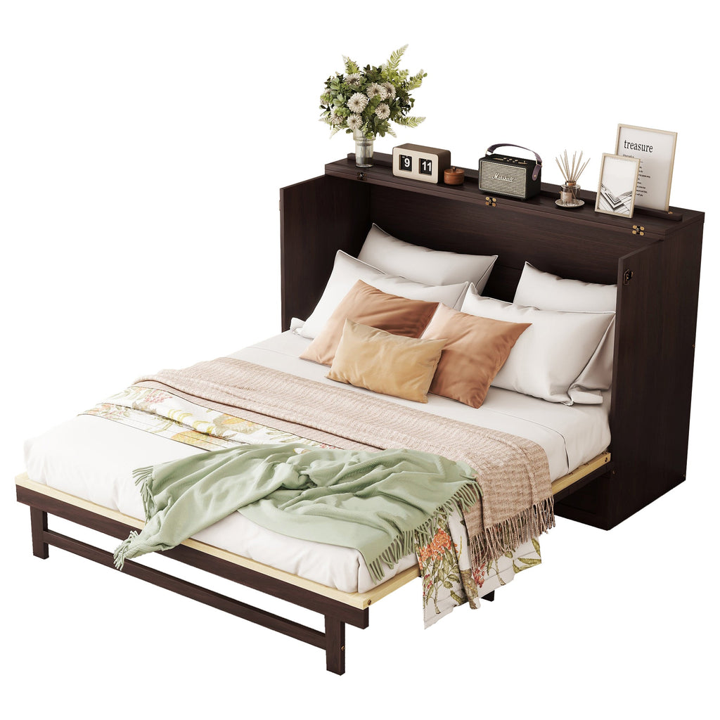 Queen Size Murphy Bed, Pine Wood Cabinet Bed with Rattan Decoration and Storage Drawer,Espresso