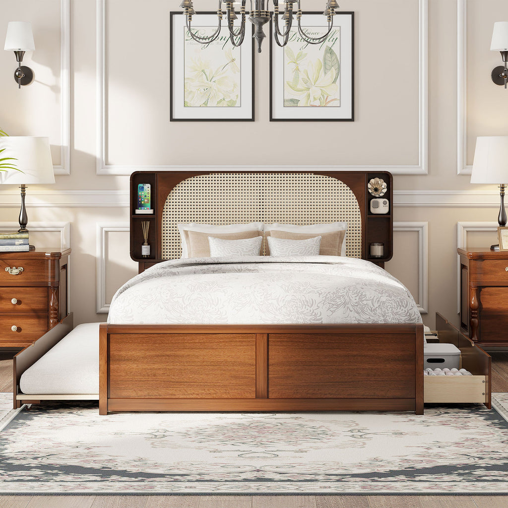 Queen Size Rattan Headboard Bed with Two Drawers and Trundle, Walnut