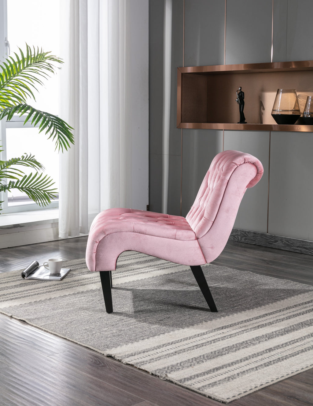COOLMORE Modern Velvet Armless Accent Living Room Chair / Leisure Chair,Upholstered Fabric Button Comfortable Chair with Wooden Legs for Bedroom, Living Room, Office (Pink Velvet)