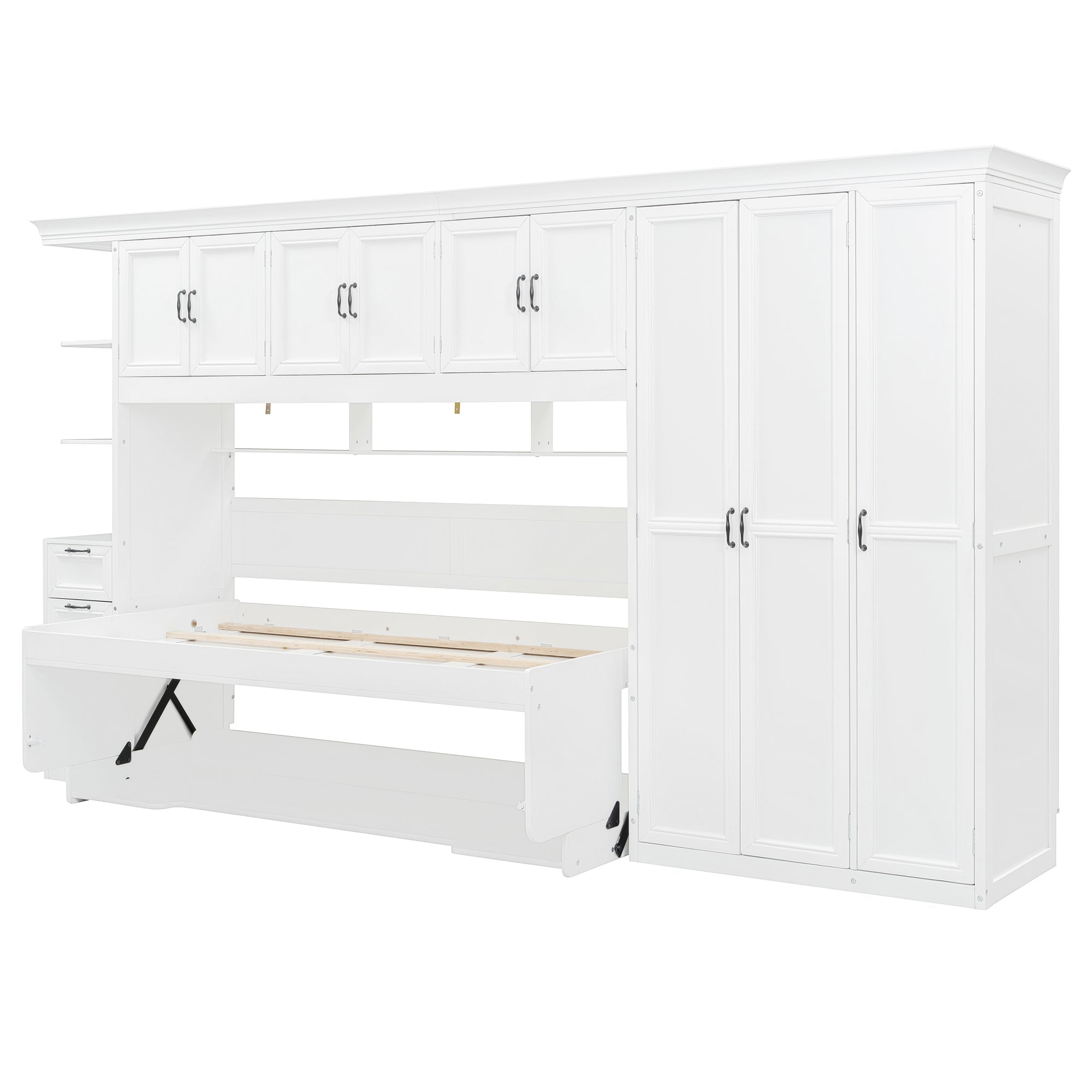 Twin Size Murphy Bed Wall Bed with Wardrobe, Cabinet and Desk, White