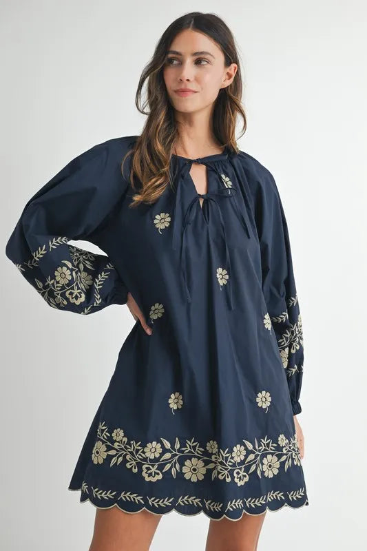 MABLE Embroidered Long Sleeve Peasant Mini Dress