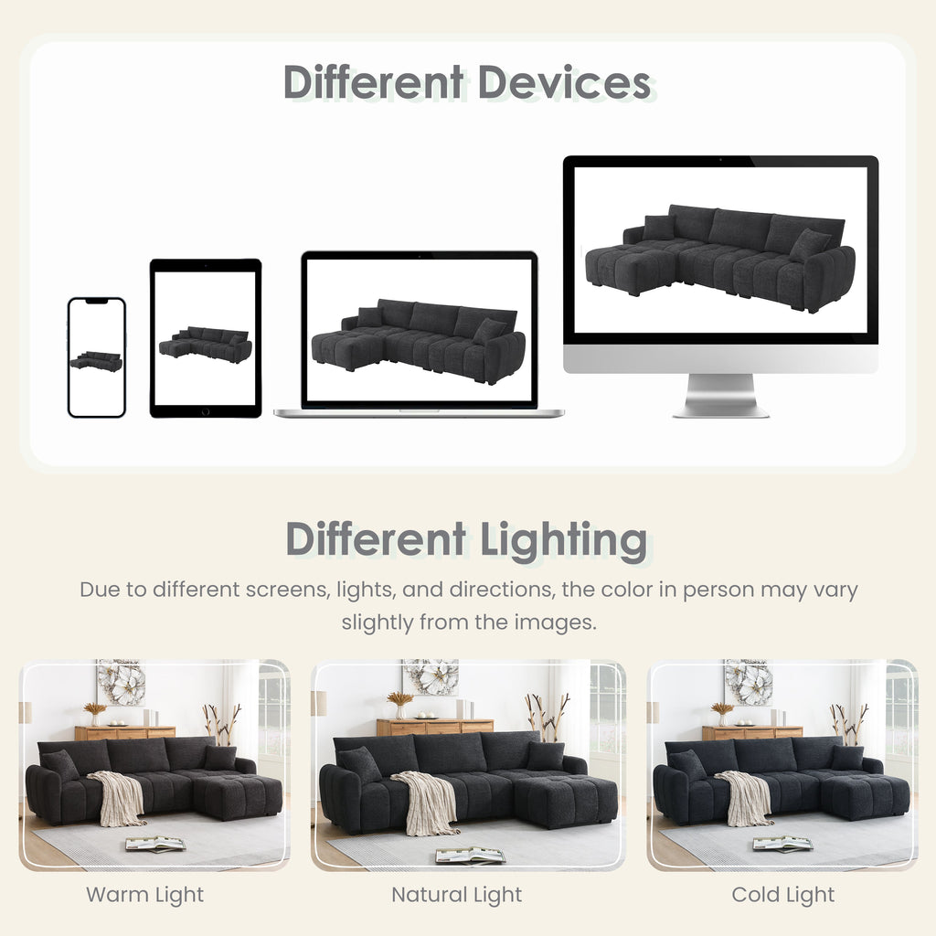 110' Modular Sectional Sofa, L Shape with Extra-large Seat, Pull-line Design, Movable Ottoman, High Density Foam, Free Combination, Sturdy Metal&Wood Frame, Boucle Fabric, 3 Colors