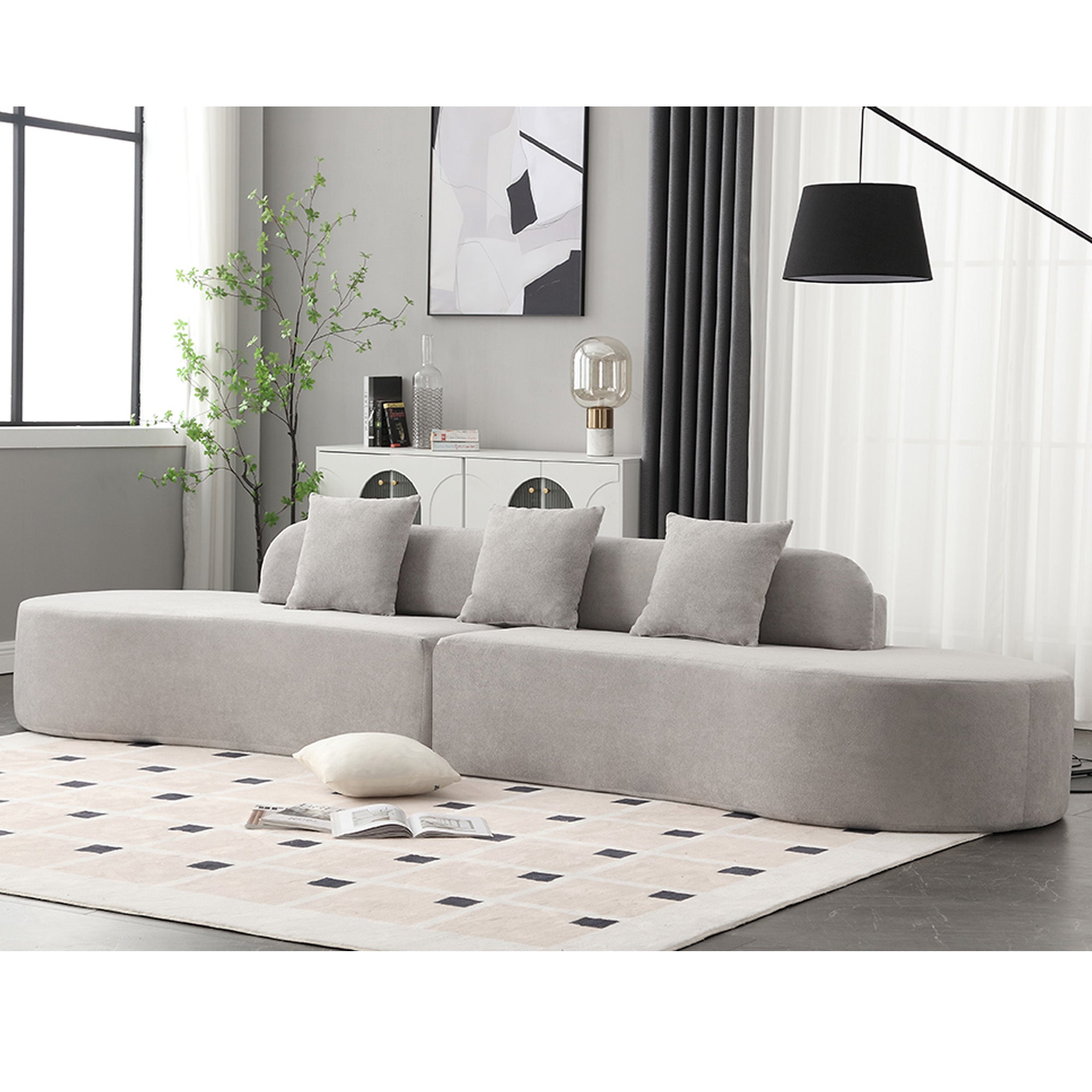 Modern curved combination sofa, terrycloth fabric sofa, minimalist sofa in living room, apartment, no assembly required, three  pillows,Gray